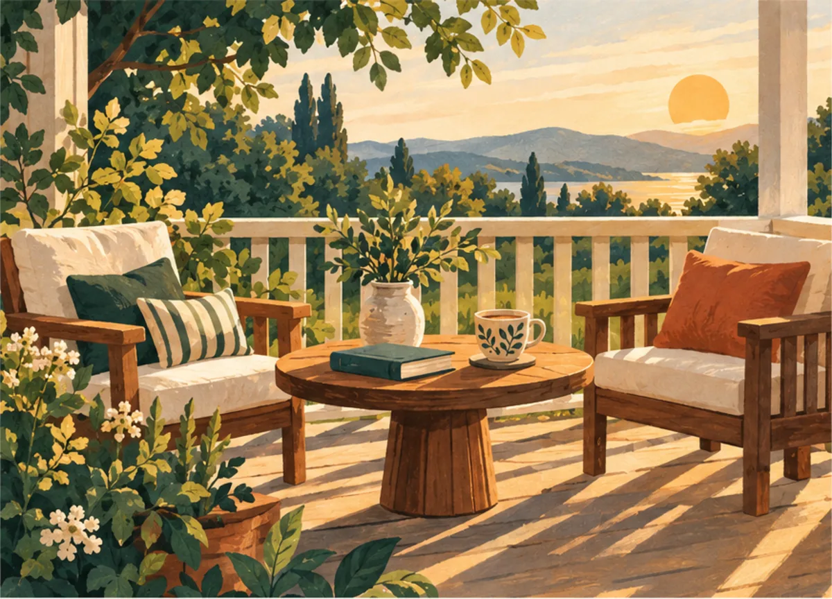 A sunny porch with two chairs, a small table with a book and a cup of tea, and hills in the distance.